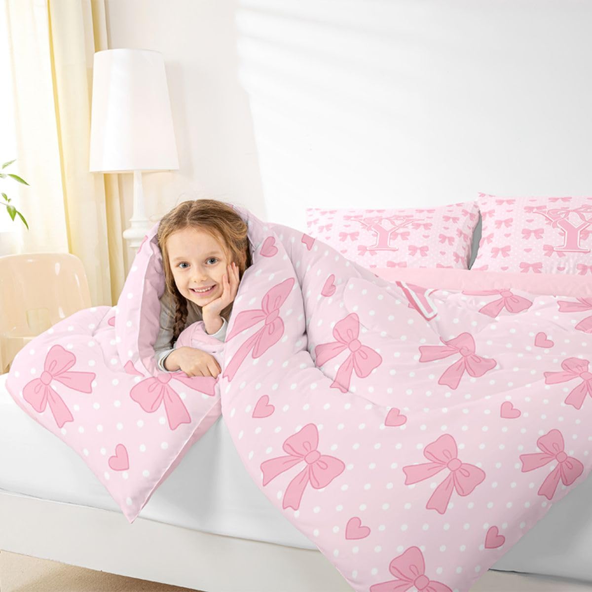 Loussiesd Urocza różowa kokarda zestaw kołdry podwójny rozmiar monogram zestaw pościeli spersonalizowany inicjał Y kołdra kawaii kokarda węzeł sypialnia dekoracja marzycielski styl