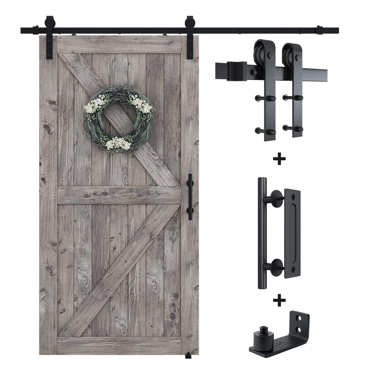 SMARTSTANDARD 6.8FT Sliding Barn Door Hardware Kit (Include 6.8ft Track Kit & Pull Handle Set & Floor Guide), Smoothly and Quietly, Easy to Install, Fit 36"-40" Wide Door Panel (J Shape)