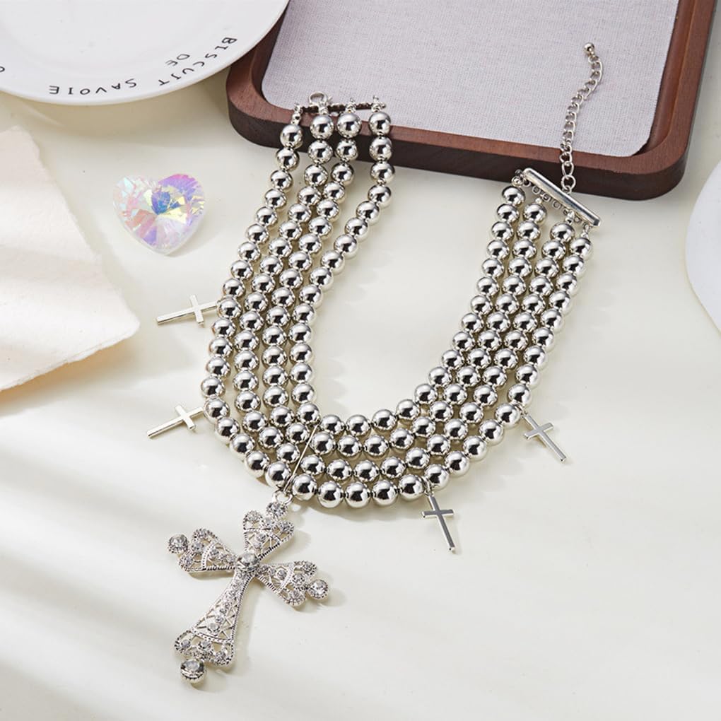 Gold Layered Cross Statement Necklace for Women,Vintage Ball Beaded Chunky Crucifix Pendant Necklaces,Trendy Goth Jewelry Accessories Holiday Gifts