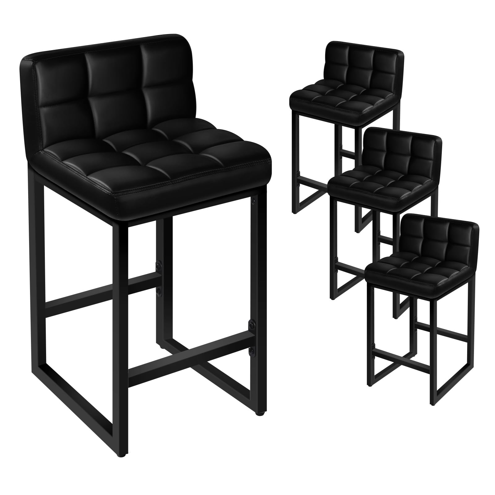 ALFORDSON 65CM Counter Height Bar Stools Set of 4, Modern Metal Frame Barstools with Low Back and Footrest, Faux Leather Upholstered Bar Chairs for Kitchen Island, Bar, Cafe, Restaurant, Black