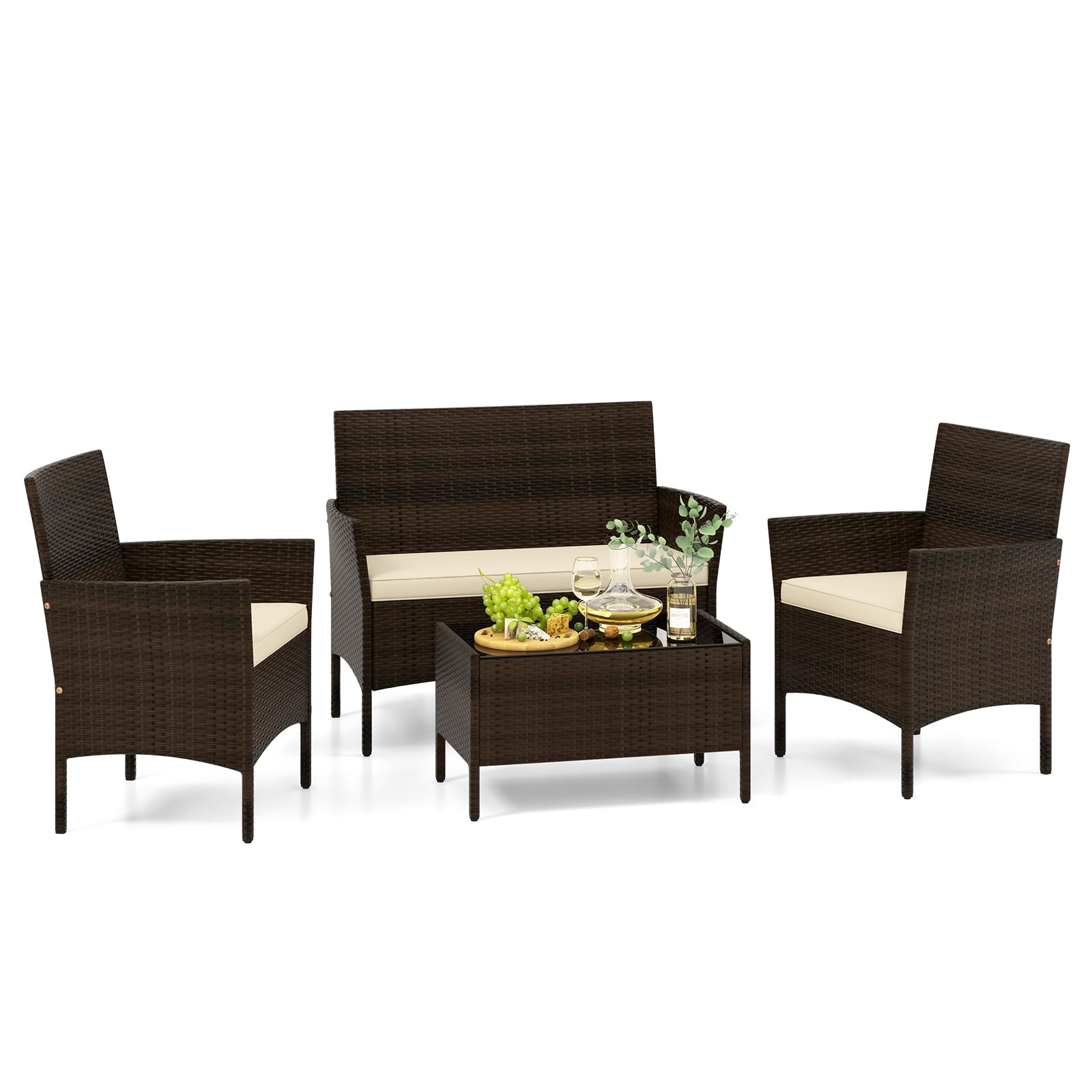 COSTWAY Set di Salotto da Giardino in Rattan 4 Pezzi, Set Mobili da Esterno in Vimini con Cuscini Morbidi, Divanetto e Poltrona con Tavolo in Vetro Temperato per Giardino e Veranda (Marrone)