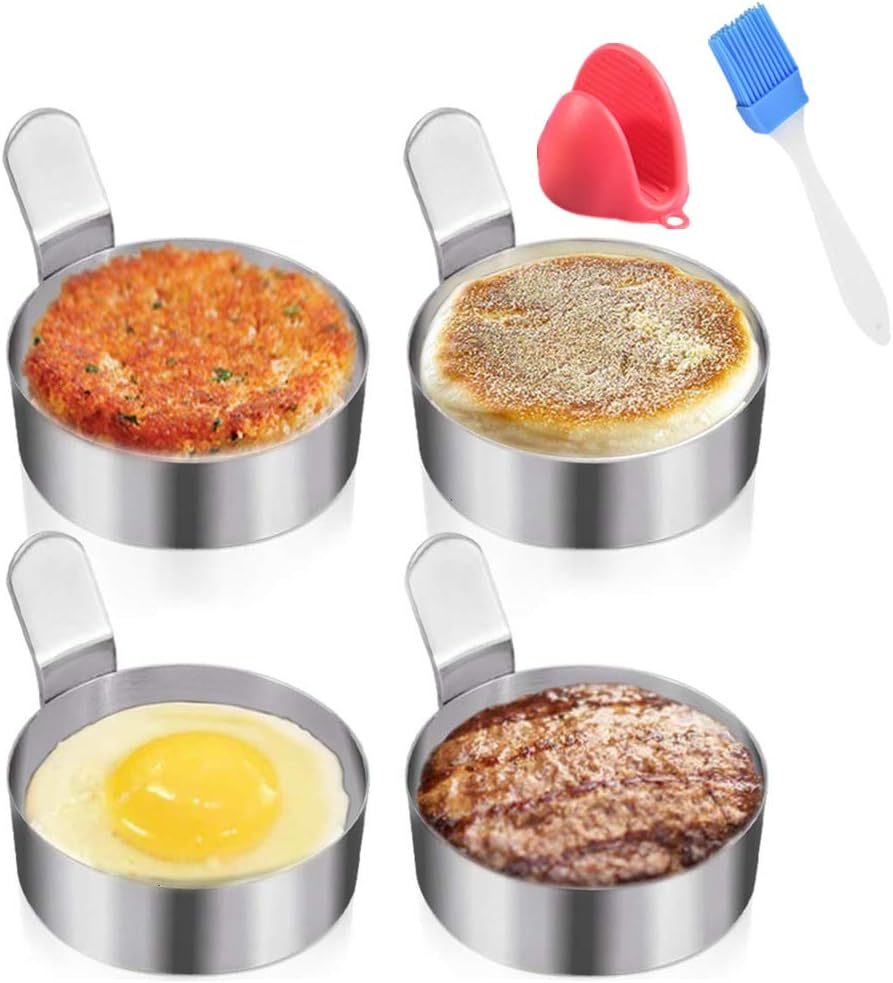 Egg Ring Stainless Steel Omelet Mold Non Stick Cooking Pancake Ring Cooking Tool（3 Inch, 4pack） with 1 Free Oven Glove and 1 Free Oil Bottle Brush. (4 packs)