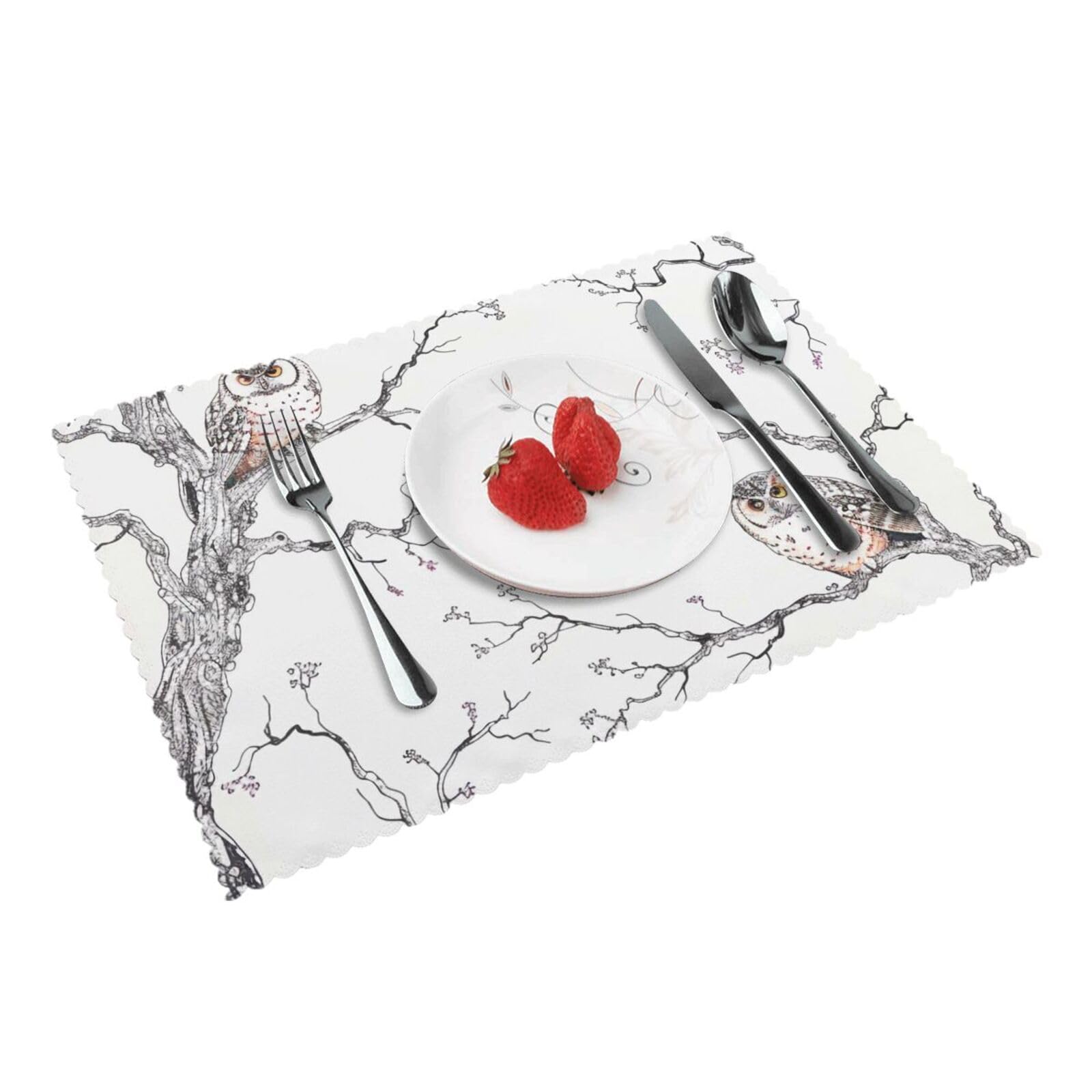 Owl Tree Branches Printed Placemat Heat Resistant Place Mats Set of 4 PCS Washable Kitchen Table Mats, 12x18 Inch