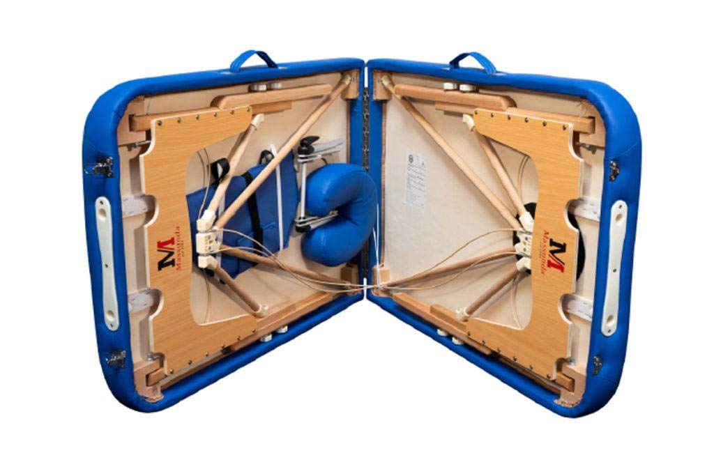 MASSUNDA – Mobile Montana Massageliege klappbar & höhenverstellbar – Stabiler Massagetisch aus Vollholz – Massagebank mit ergonomischer Kopfstütze, Armschlaufe & Nackenkissen (Königsblau)