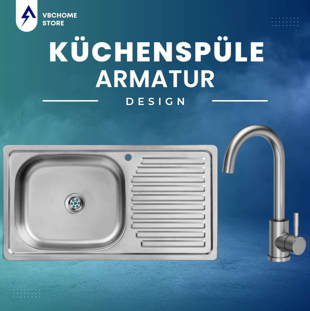 VBChome Edelstahlspüle mit Armatur 75x40x14 cm Edelstahl Glatt Küchenspüle mit Hahnloch Spüle Rechtsseitig Pflegeleichte Abtropffläche Camping Ablaufgarnitur Siphon Rechtsseitig Spül mit Armatur Inox
