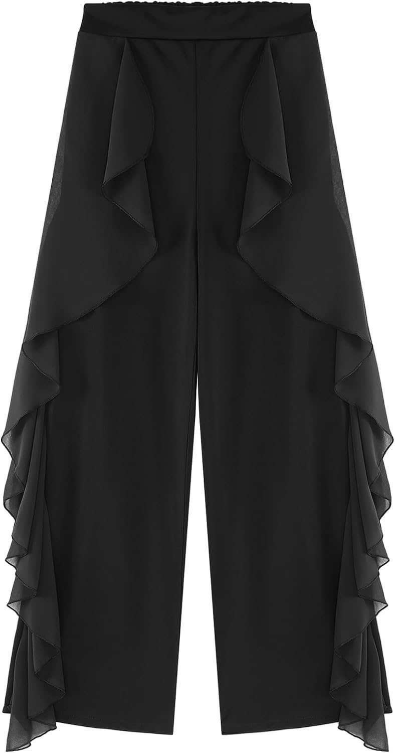 Women Latin Dance Pants Modern Dance Practice Wear Ruffled Drape Ballroom Dance Elastic Waist Wide-Leg Trousers