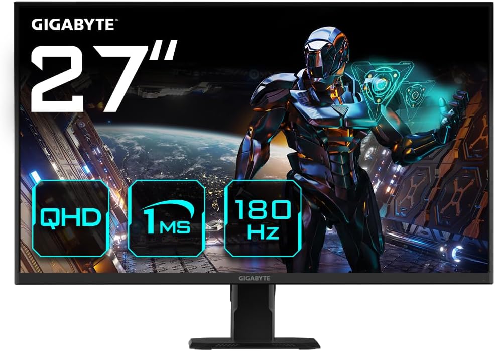 Gigabyte GS27QA 27" QHD Gaming Monitor - 2560 x 1440, 180Hz, 1ms, 300 cd/m², FreeSync, HDR Ready, HDMI 2.0, DisplayPort 1.4: image 1 of 8