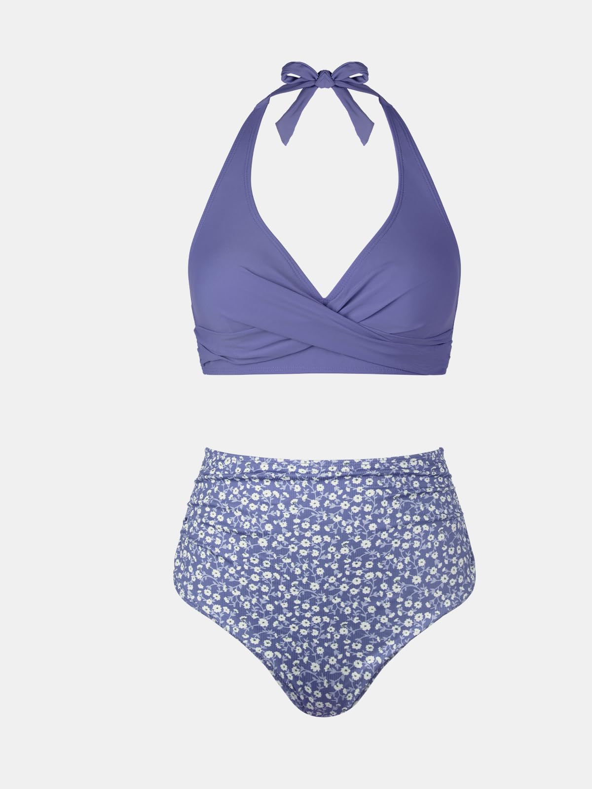 CUPSHE Conjunto de bikini de dos piezas para mujer, traje de baño de cintura alta, cuello en V, halter, gancho trasero torcido, texturizado