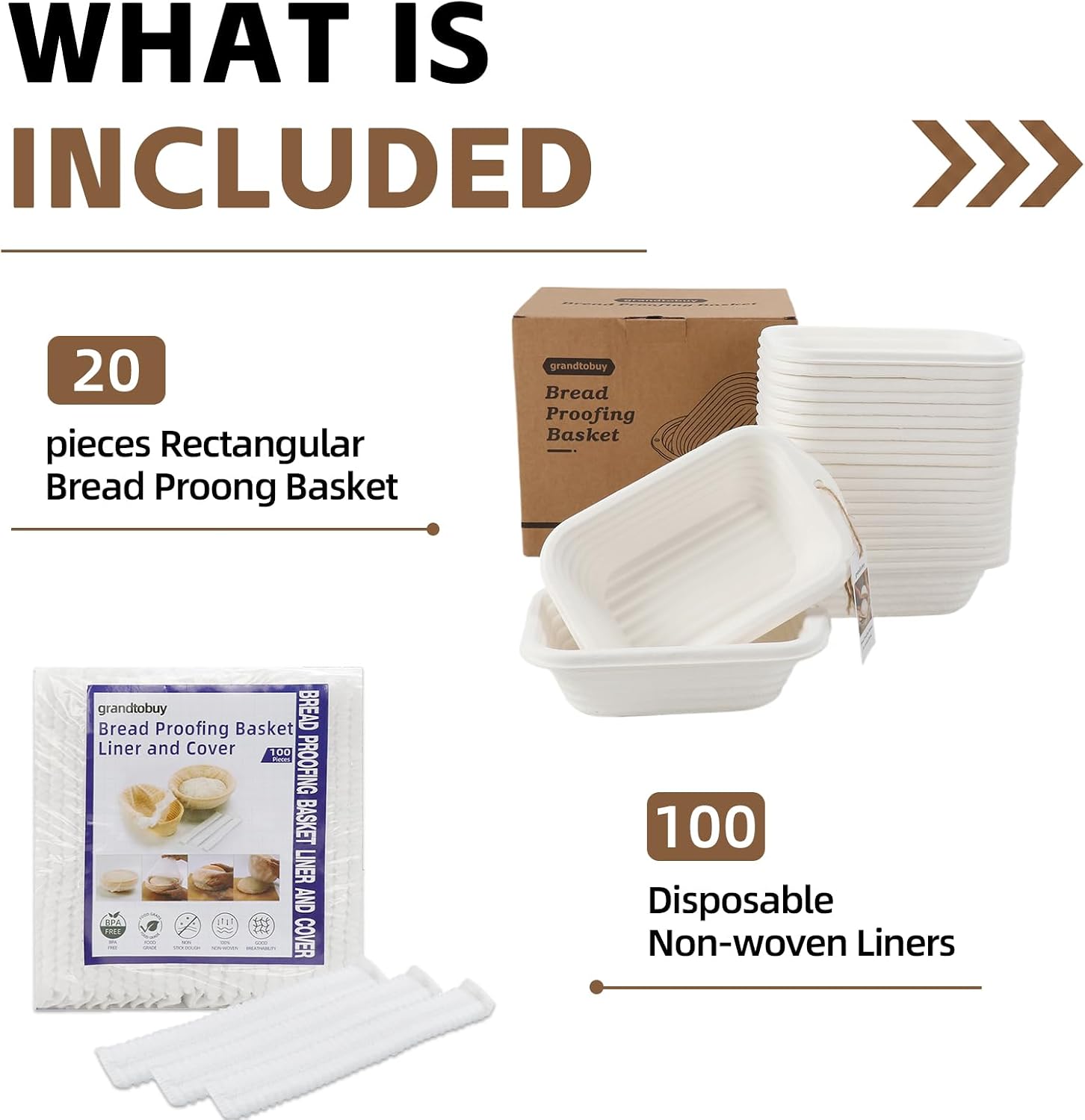 8 Inch Rectangular Pulp Proofing Basket, 20 Pack with 100 Liners