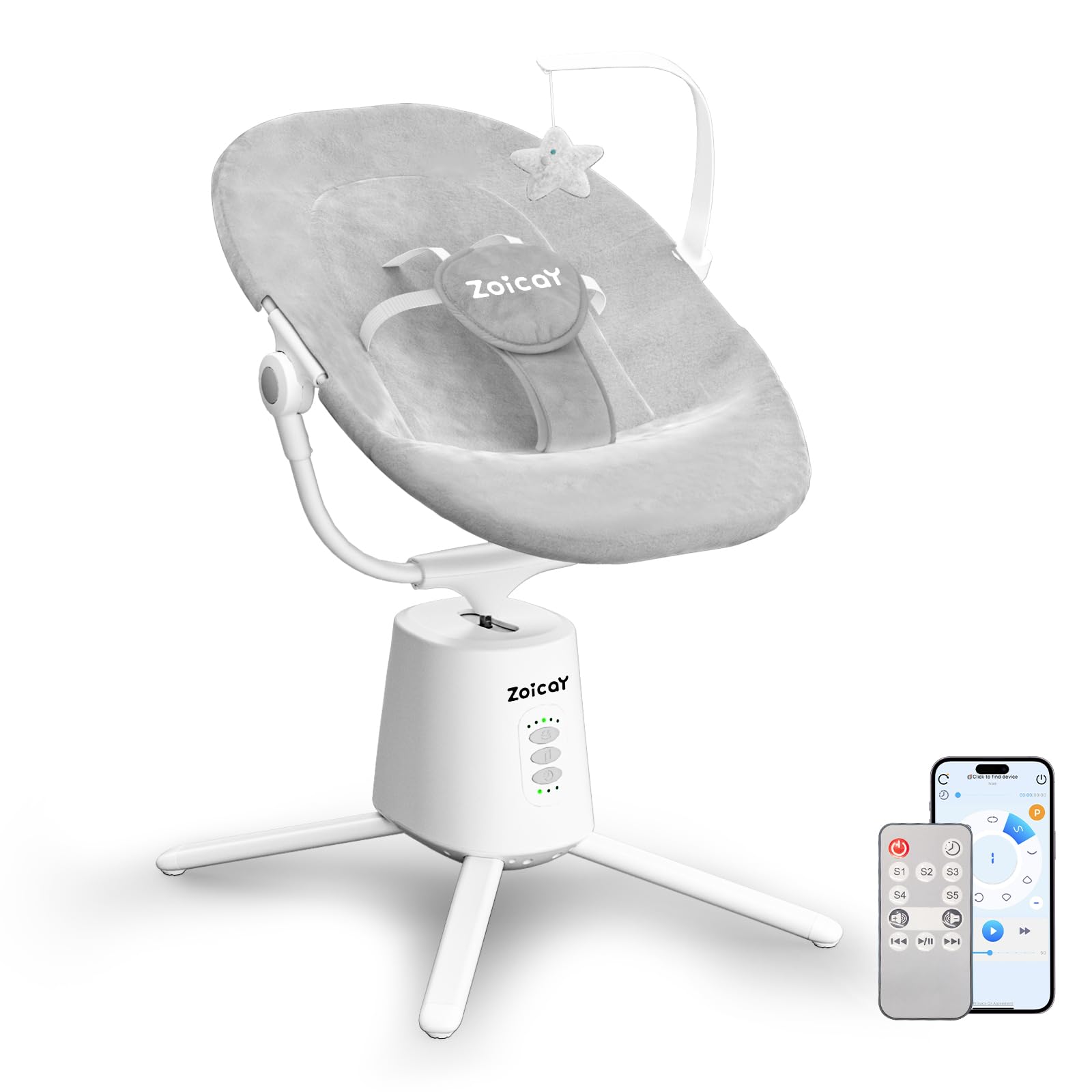 Babywippe Verstellbare Rückenlehne Zoicay Babywippe elektrisch mit 3 Schwingmodi Fernbedienung und Bluetooth,Timing und Musik funktion TragbarBabywippe elektrisch für Indoor & Outdoor(Weiß)