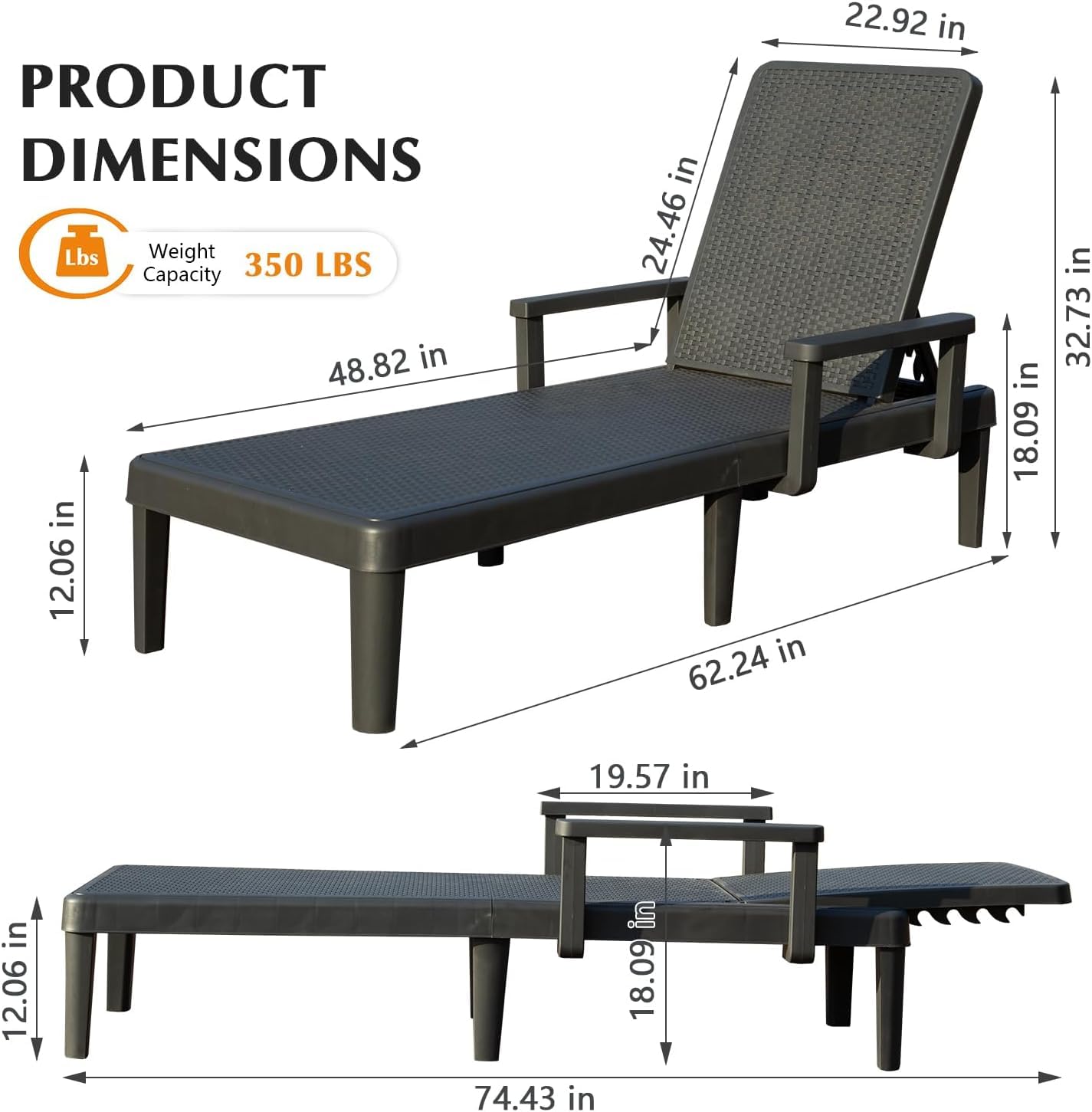 Generisch Domi Sonnenliege, 2er-Set – Gartenliegen mit 6-Fach Verstellbarer Rückenlehne und Armlehnen, wasserfeste Kunstharz-Liegen, geeignet für Pool, Terrasse, Garten und Balkon, Grau