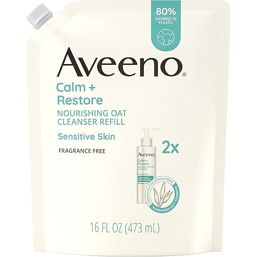 Aveeno Calm + Restore Nourishing Oat Facial Cleanser for Sensitive Skin, Gentle Face Wash with Nourishing Oat & Calming Feverfew, Hypoallergenic, Fragrance-Free, Refill Pouch, 16 fl. Oz