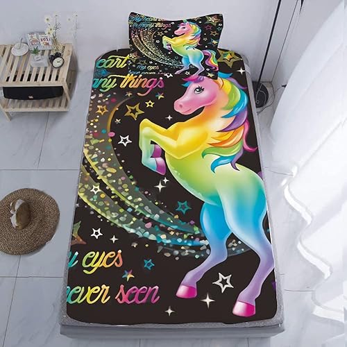 Miniatura 2 de Juego de sábanas bajeras y fundas de almohada tamaño individual de unicornio, paquete de 2, ropa de cama con letras arcoíris mágicas para niños