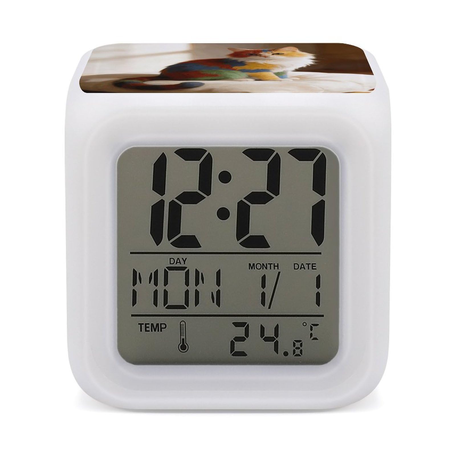 LZQPOEAS Colorful Cat Alarm Clock with 7 Color Changing Nightlight for Bedroom Calendar Temperature Display Wake Up Digital Clock Small Desk Clocks for Heavy Sleepers Adults