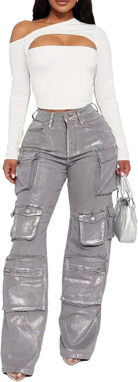 Women's Baggy Metallic Denim Cargo Pants High Waisted Straight Wide Leg Jeans Glitter Trousers with Pockets