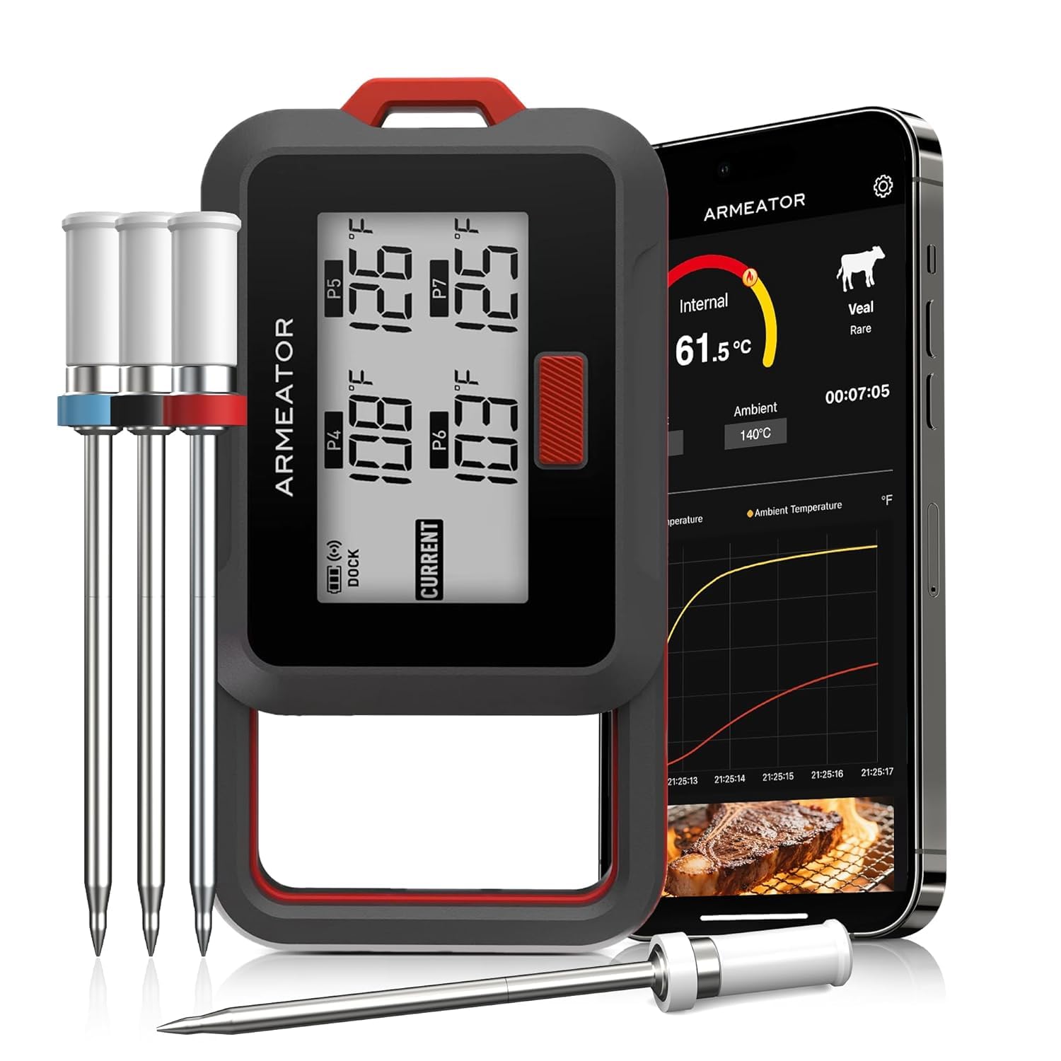 ARMEATOR Termómetro digital de carne con 4 sondas, termómetro de carne Bluetooth con amplificador LCD mejorado para cocinar alimentos, parrilla, ahumador