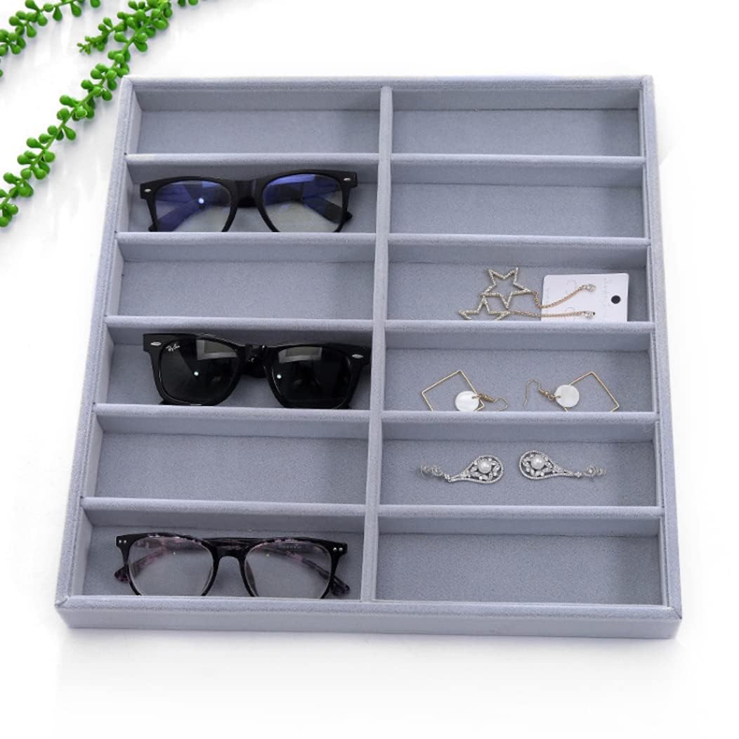 Boîte de rangement de bijoux, 12 grilles peluches douces et boîte de rangement de lunettes de soleil en bois Boîte à lunettes exquise Organisateur d'affichage de bijoux Conteneur pour magasin Bracelet