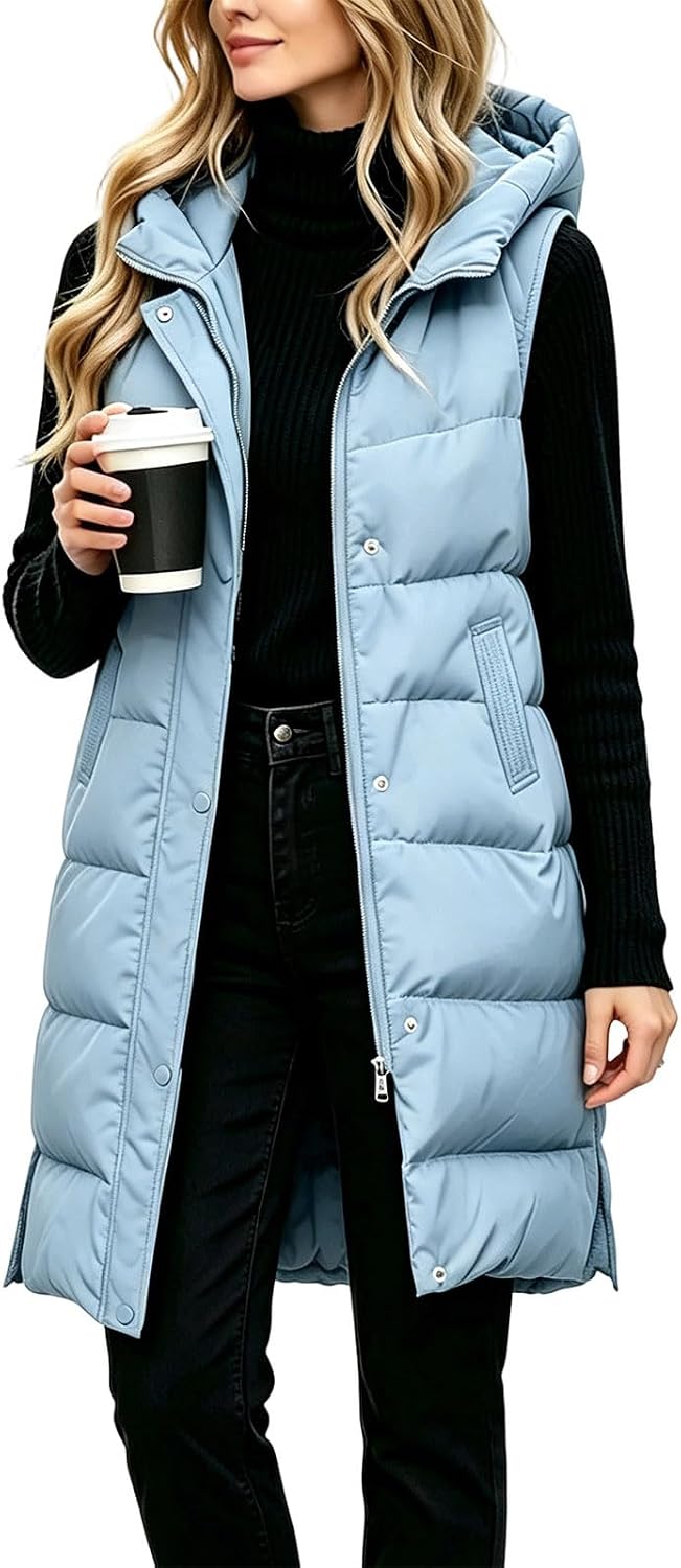 Womens Quilted Puffer Vest Hooded Sleeveless Long Zip Up Winter Coat
