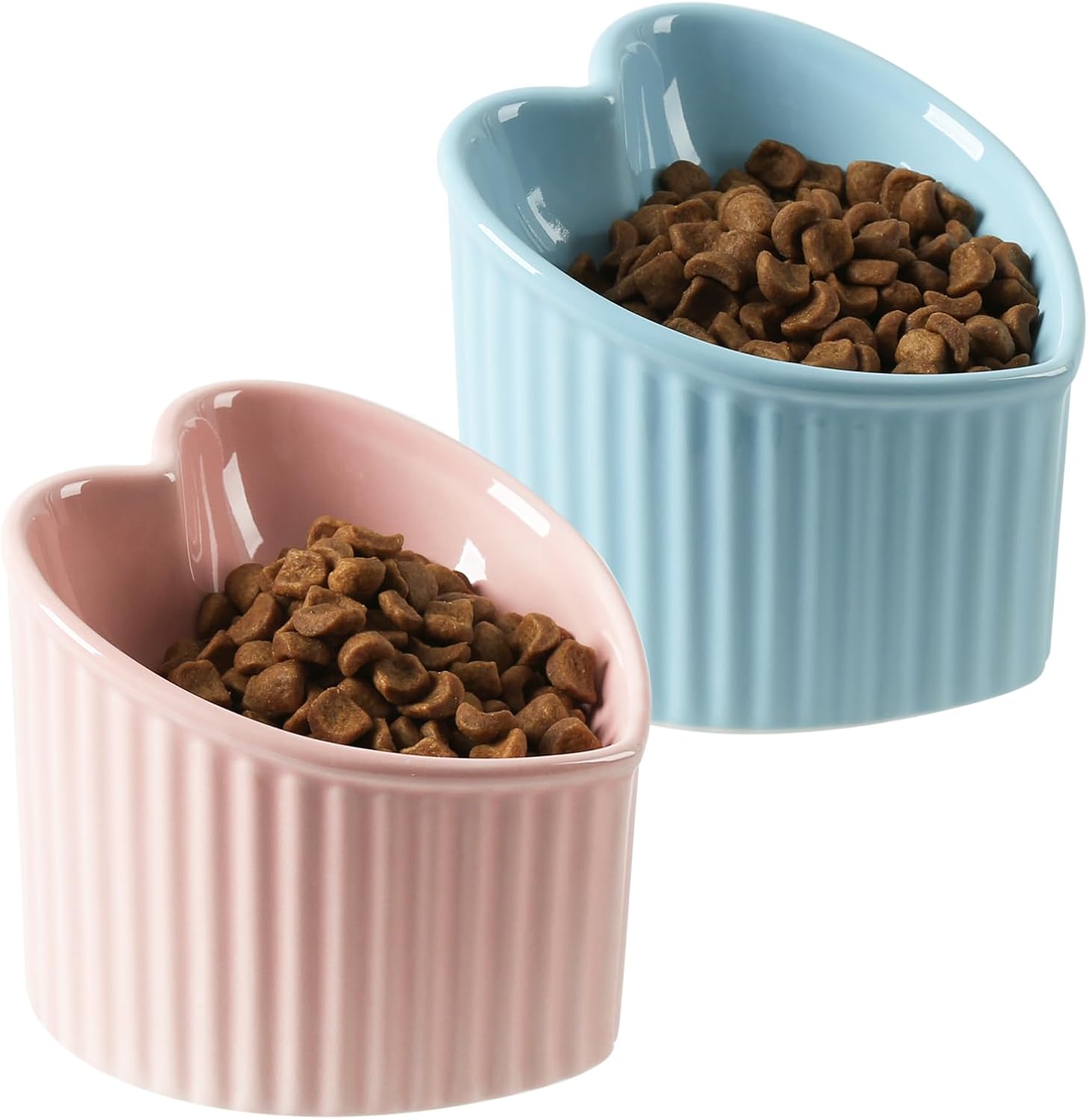 Raised Tilted Cat Food Bowls, Elevated Ceramic Cat Bowls, Love Heart Shape, Slanted Pet Feeding Dishes, Stress Free Feeder Bowl for Kitty, Small Cats, Protect Pet's Spine, 2 Pack(Pink&Blue)