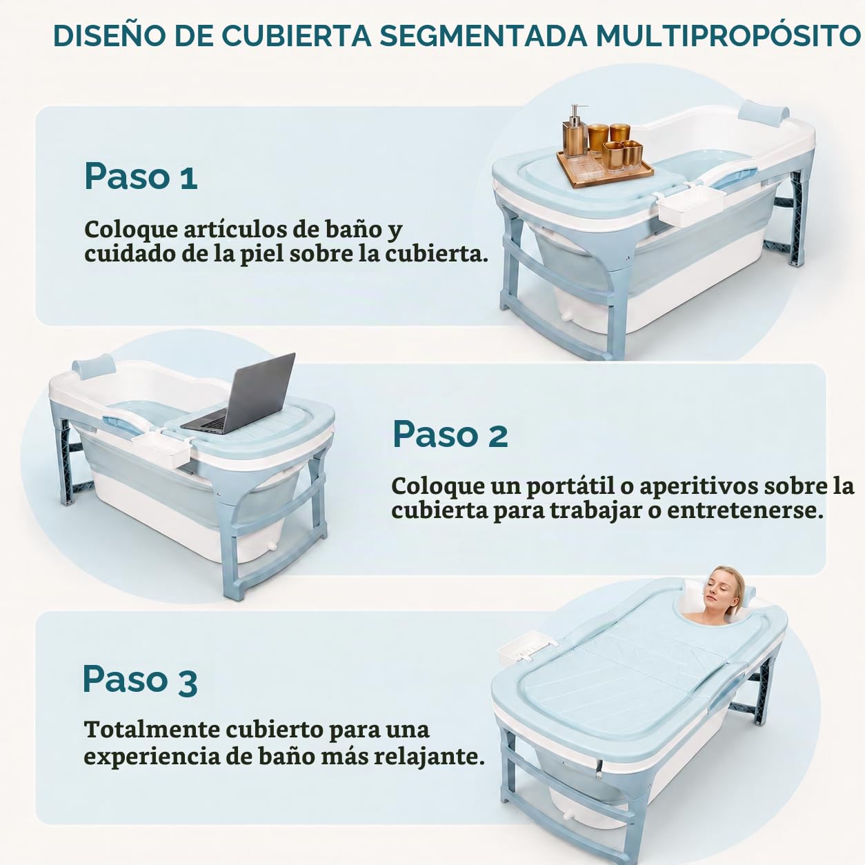Bañera plegable para adultos 118x60x50cm, bañera plegable compacta para adultos, plegable 22 cm con tapa, doble desagüe, tubo de drenaje y cesta de almacenamiento, para ducha y baño pequeño