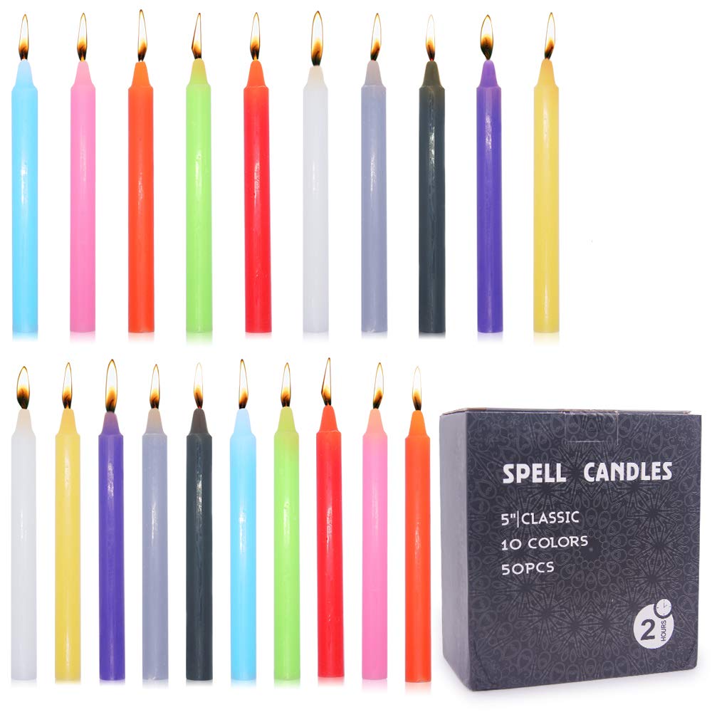 Laskey 1/2 Inch Diameter x 5 Inch Tall Unscented Assorted Colors Mini Chime Spell Taper Candles, Set of 50