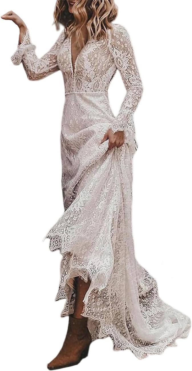 V Neck Court Train Long Sleeve Wedding Dresses A-Line Boho Open Back Bridal Gown Reception Dresses Appliques 2024 Ivory