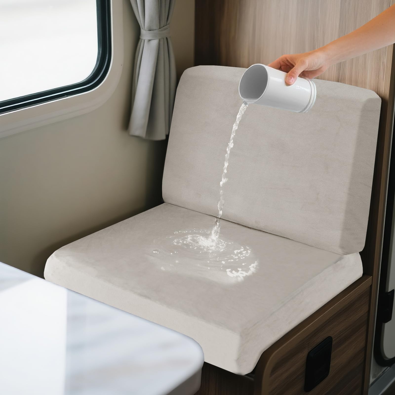 SYLC 2 Piece Waterproof Caravan Seat Covers and Backrest Cover, Non-slip Motorhome Dinette Cushion Covers with Ties, Stretch Campervan Seat Covers Velvet (Ivory,Square M)