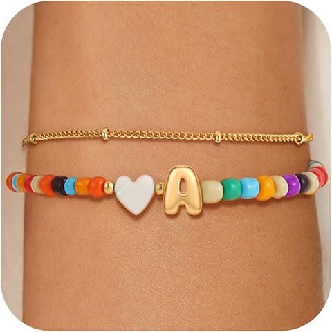 Colorful Initial Bracelets for Women Girls - 14K Gold Plated Heart Initial Letter D...