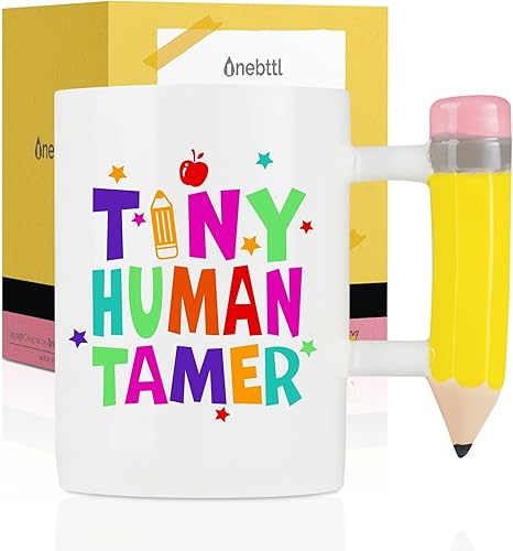 Onebttl Taza de café de agradecimiento al profesor de Navidad para profesores de preescolar, divertida taza con mango para lápiz, taza de cerámica