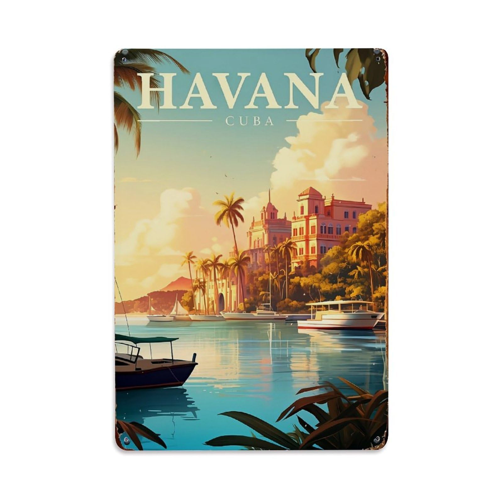 Jdyaojiesheng Vintage Tropical Harbor Sunset Palace Palm Tin Sign Retro Metal Wall Decor Metal Poster, Home Bar Garage Farmhouse Cafe Wall Art Decoration 8X12inches