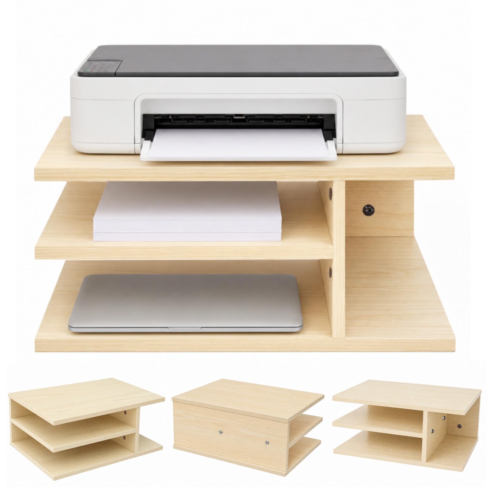 Supporto per stampante da scrivania, organizer a 3 scomparti per stampanti e forniture per ufficio, salvaspazio e stabile, per home office e piccoli spazi, 40 x 30 x 17 cm, effetto legno