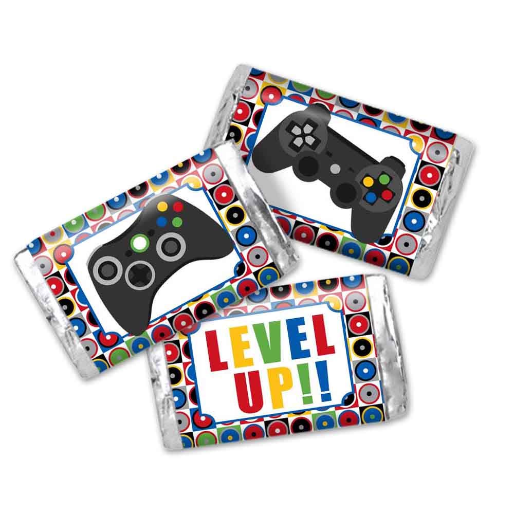 Game On! Video Gamer Birthday Party Mini Chocolate Candy Bar Sticker Wrappers for Kids, 45 1.4" x 2.6" Wrap Around Labels by AmandaCreation, Great for