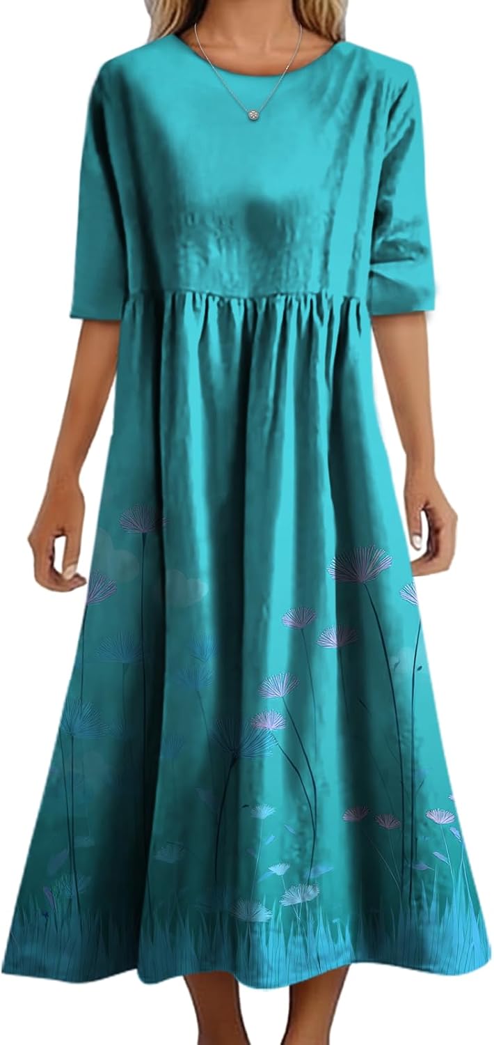 Summer Casual Bohemian Floral Dresses for Women Crewneck Short Sleeve Long Maxi Dre...