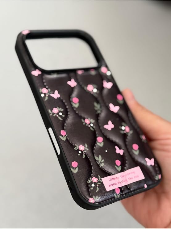 iPhone 17 Pro Uyumlu Deri Görünümlü Çiçek Desenli Kapitone Kılıf, İçi Kadife, Siyah
