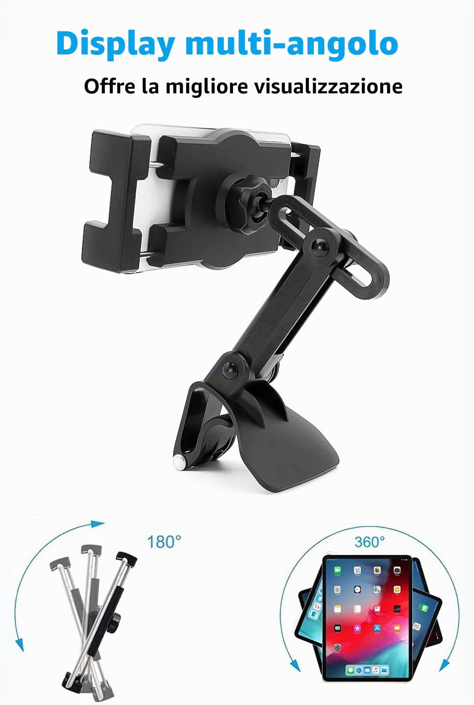 Porta Telefono Auto con Clip a Molla Regolabile 360° | Supporto Tablet Cellulare per Auto Cruscotto, Specchietto Retrovisore, Visiera Parasole per iPhone, iPad, Pixel, da 4-11"
