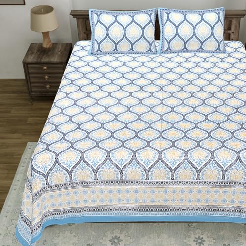 Image of Living Roots Jaipuri Hand Block Print Double Cotton Bedsheet & 2 Pillow Covers, for Mattress Upto 8 inches Thick, No Colour Bleeding, Blue Colour, Super King Size 96 * 104 inches, 150TC (575-C)