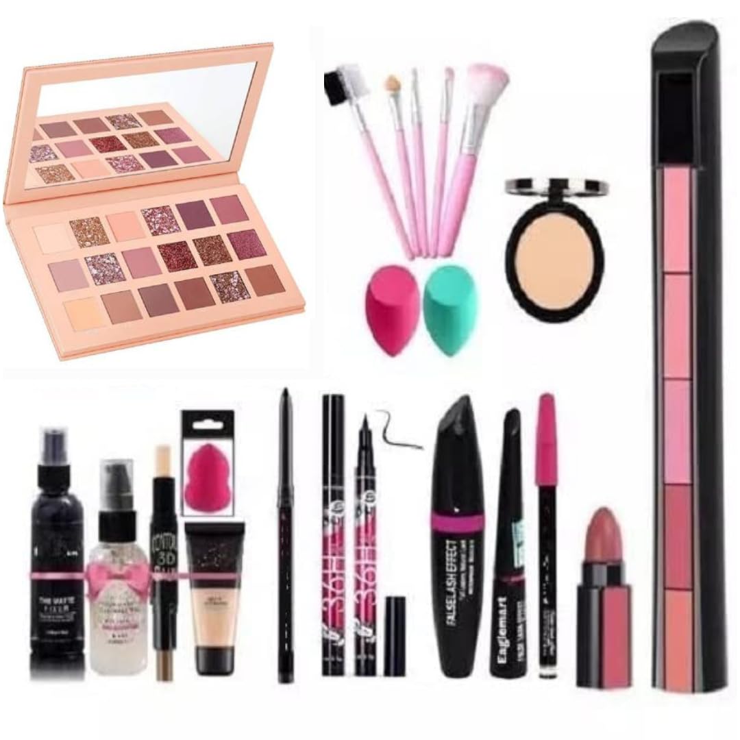 Nude Multicolor Makeup Kit with 5 Pink Makeup Brushes, 3in1 Combo, 36H Eyeliner, Kajal, Compact, Lipstick, Fixer, Primer, Contour, Foundation, 3 Makeup Puffs – (Pack of 20)