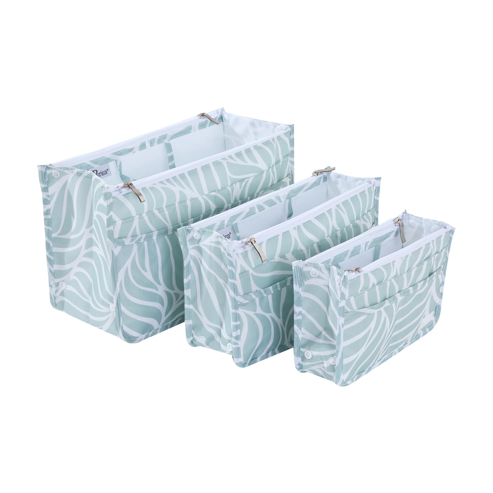 Periea 'Signature' Set of 3 Handbag Organiser Inserts - Women's Travel Cosmetic Bags with Zipper Closure - Expandable Liner Pouches (Small, Medium and Large) - Seafoam Waves