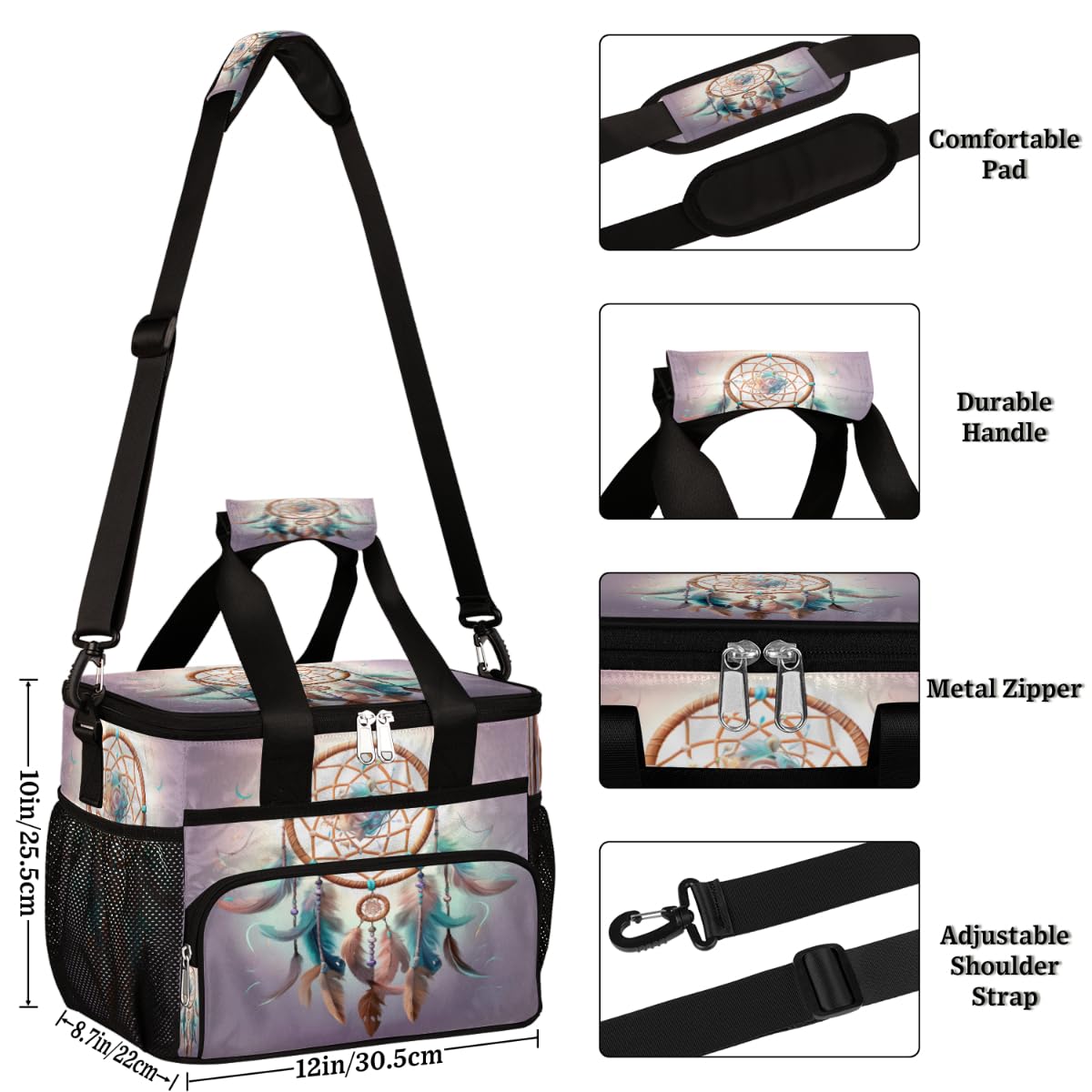 Feathers Insulated Picnic Backpack Lunch Box for Women Men Picnic Basket Tote Lunch Bag Picnic Bag Portable Lunch Bags for Picnic, Beach, Work, Trip,Office, Camp Boho Dreamcatcher