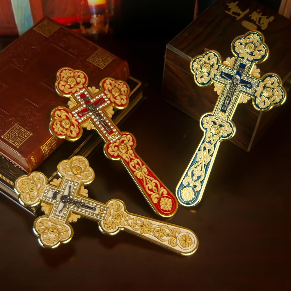 RZRHMUHN Croce Ortodossa di Gesù Croce di Preghiera Placcata in Oro in Lega Statua di Gesù Religione Regalo con Scatola (Rosso)