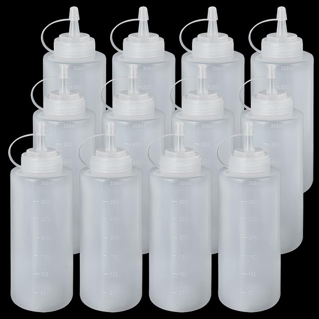 YAYODS 12PCS 360ML Squeeze Bottles with Cap Lids, Reusable Plastic Squeezy Sauce Bottles with Measurements, No Leak Squeezy Condiments Bottle for Ketchup, BBQ, Sauces, Syrup, Dressings and Paint