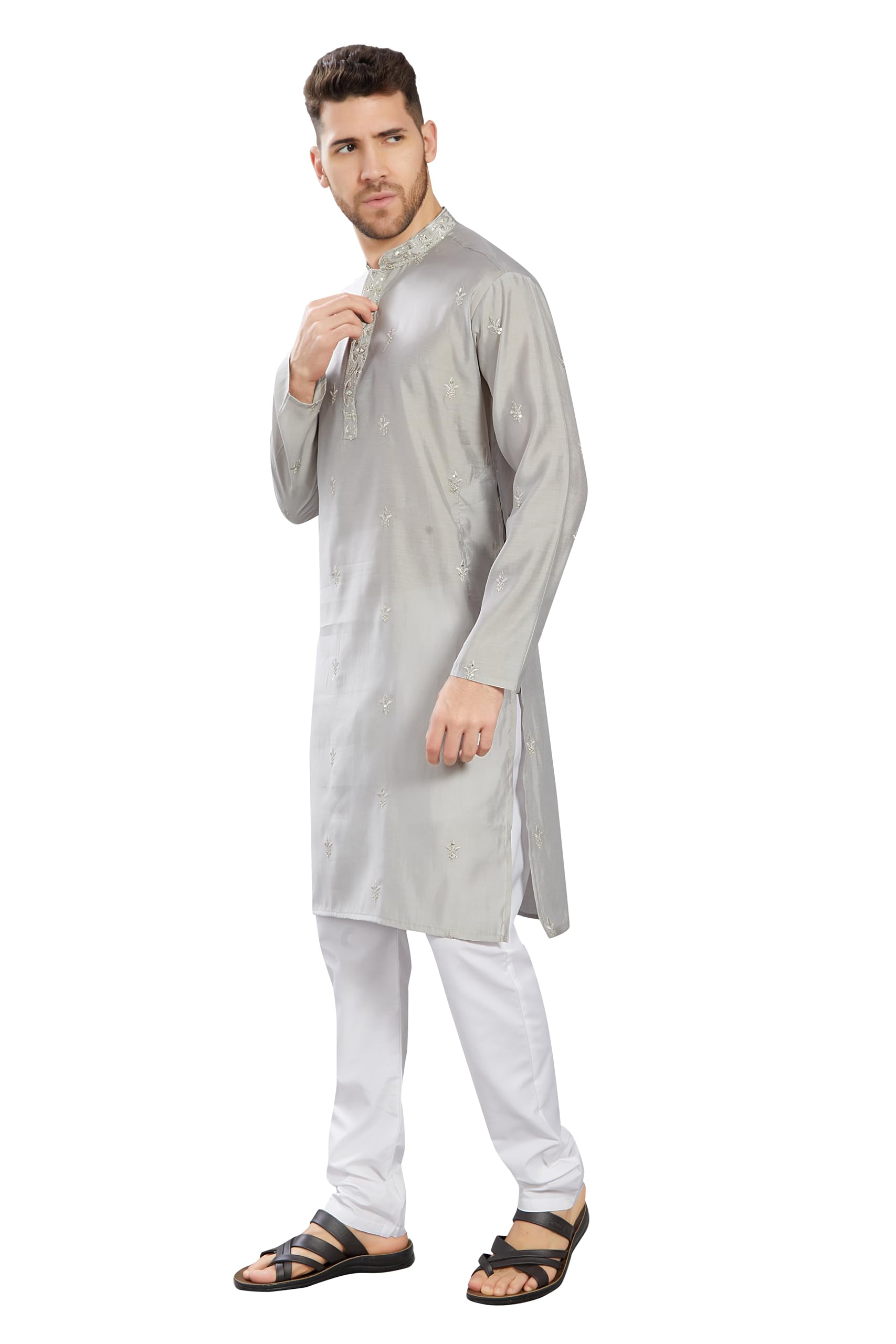 Divisive Men's Embroidered Silk Blend Only Slim Fit Kurta (Dkrt825_S_Grey)