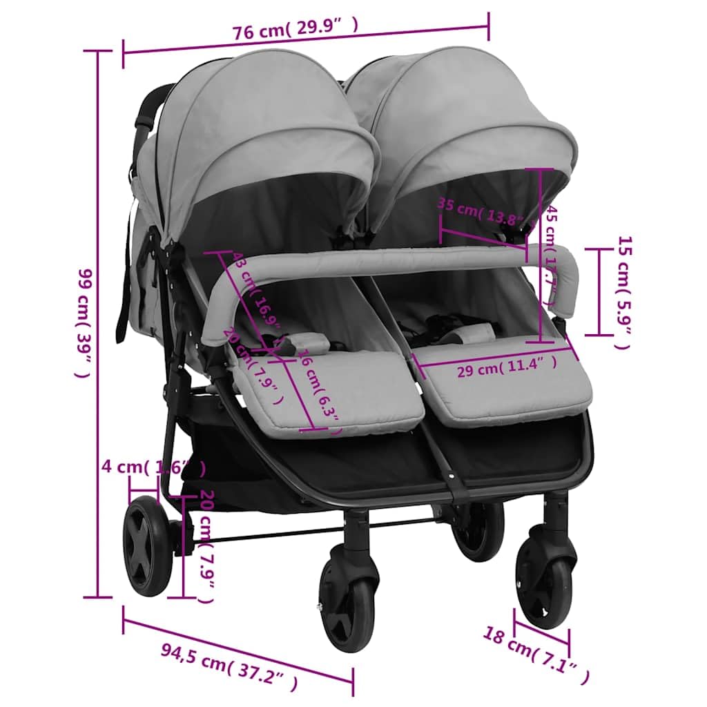 Passeggino doppio pieghevole per 2 bambini, passeggino gemellare fianco a fianco, passeggino compatto pieghevole, grigio chiaro e nero in acciaio