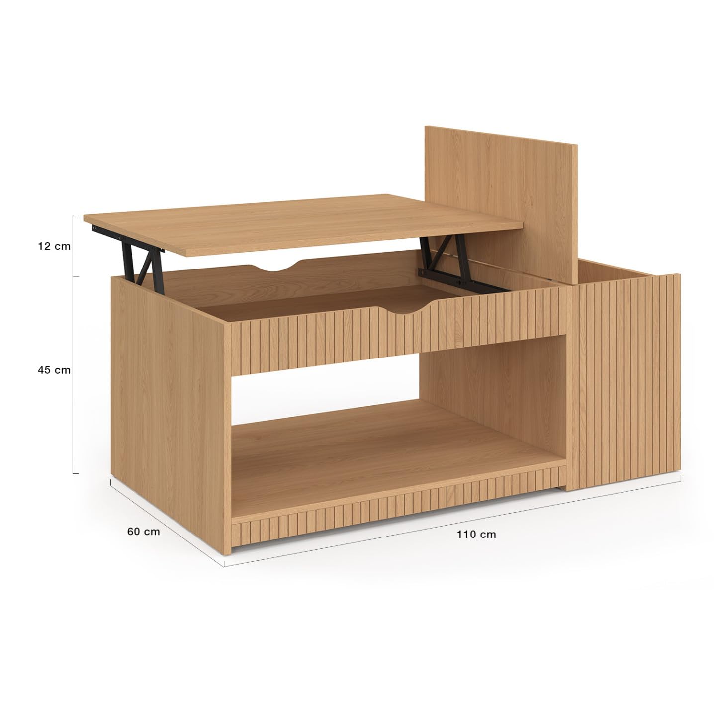 IDMarket - Table Basse Plateau relevable rectangulaire Juliette avec Coffre Lattes tasseau Bois Coloris chêne