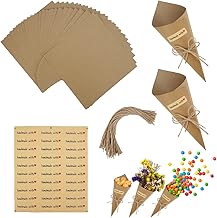 30 x Retro Kraft Cones Wedding Confetti, Wedding Confetti with Stickers and Jute Twine, Petal Sweets Confetti Cones Wrapping Paper for Wedding Party