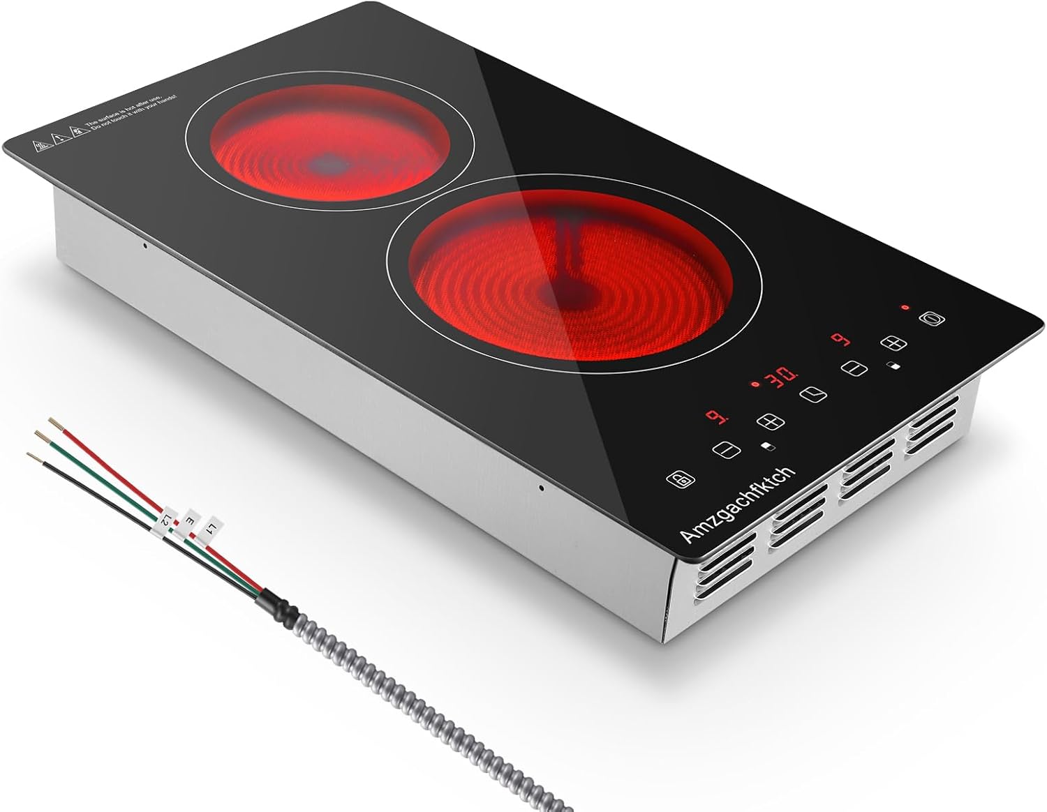 Electric Cooktop 220V Hard Wire, 3000W 2 Burner Electric Cooktop, Built-in Cook Top Stove Burners for Cooking, 12 Inch Stove Top with Touch Control, Timer, Child Lock, Over Heat Protection (No Plug)