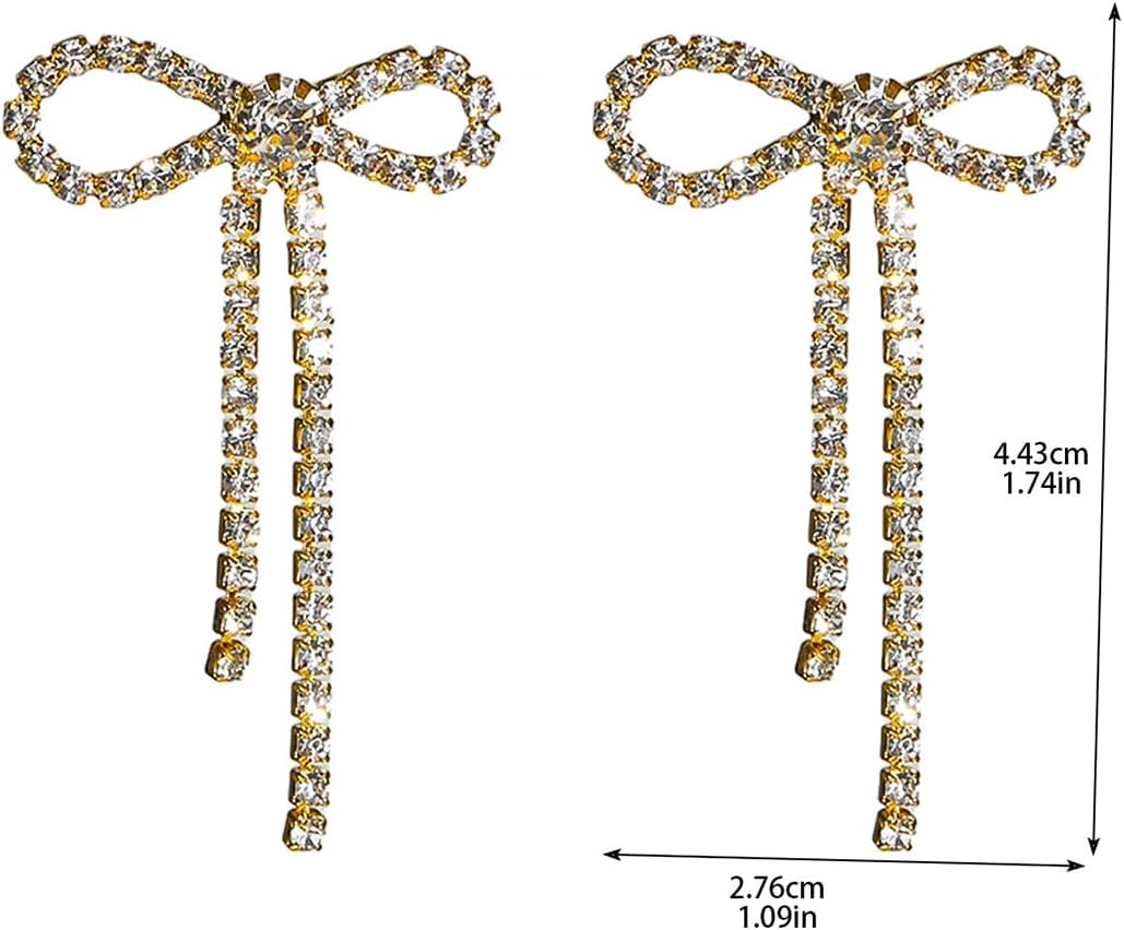 Rhinestone Bow Earrings for Women Gold Silver Bow Ribbon Earrings Sparkly Rhinestone Tassel Dangle Earring Prom Dress Jewellery - Image 4