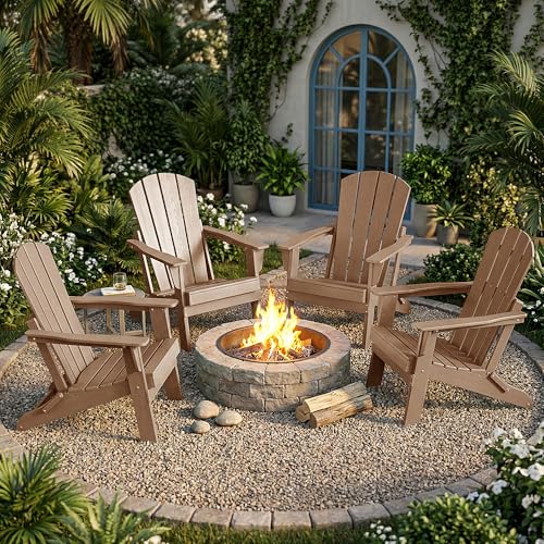 Image of Folding Adirondack Chair Set of 4, Lightweight-Portable HDPE Patio Chair, All-Weather Space-Saving Foldable Fire Pit Seating for Camping, Backyard, Deck-Cedar