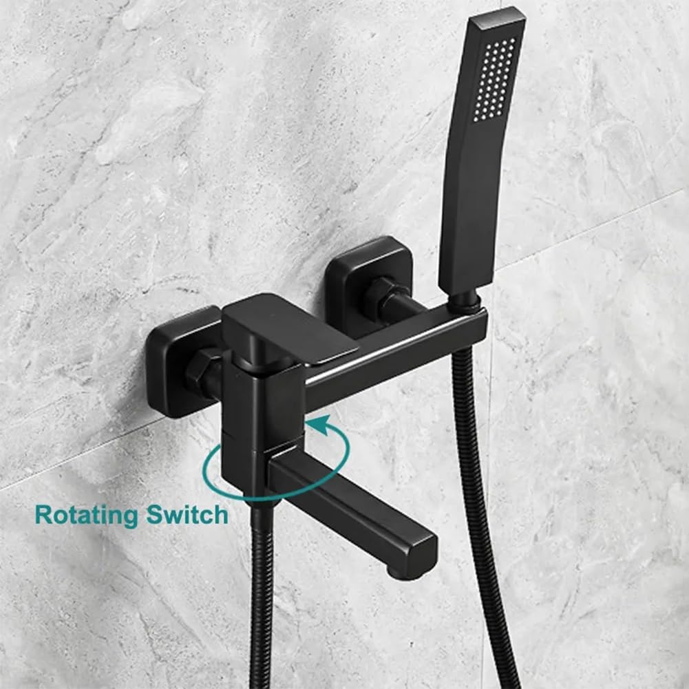 XANAYXWJ Bateria wannowa do montażu na ścianie z HanShower, mosiężna bateria jednouchwytowa, wąż prysznicowy 150 cm, czarna głowica prysznicowa do łazienki i prysznica