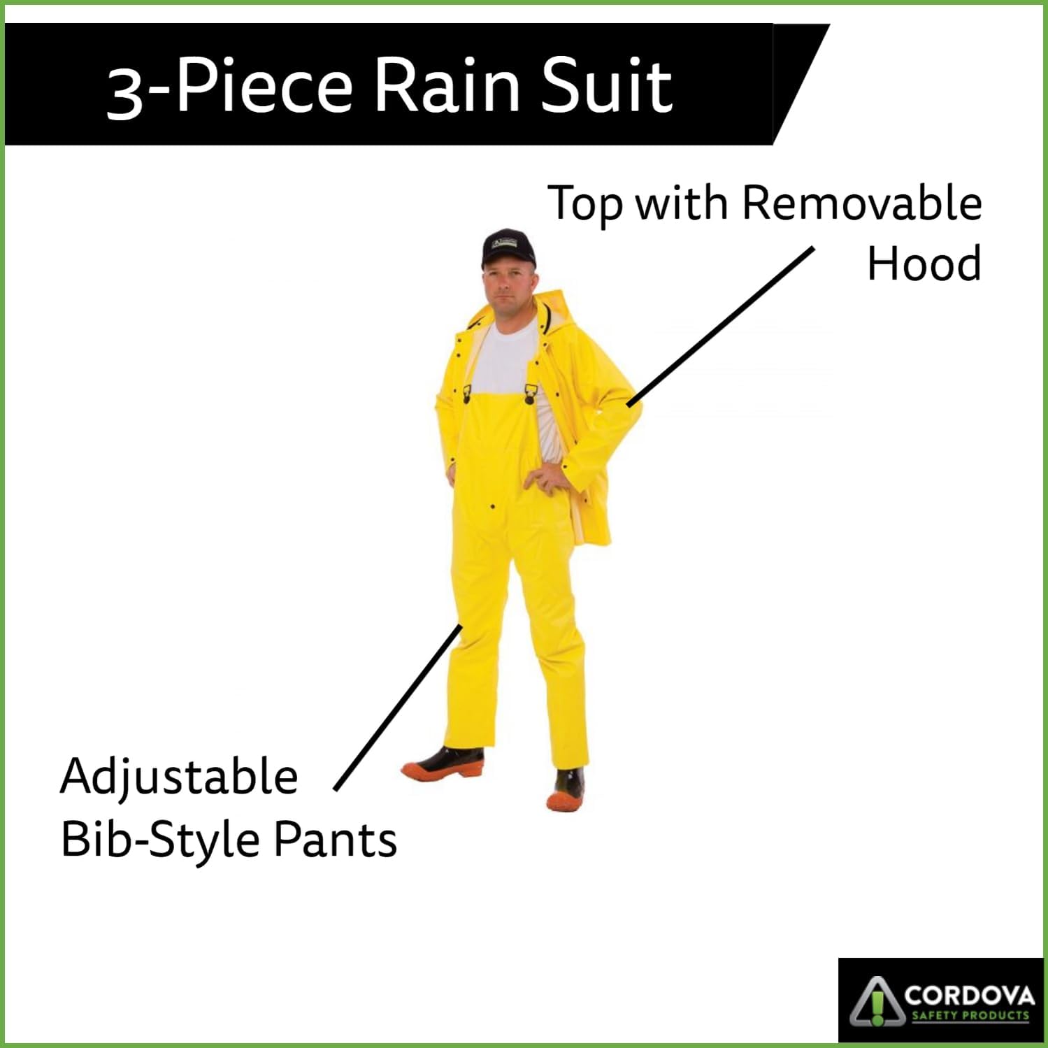 Cordova RS353Y 3-Piece Rain Suit, .35mm PVC/Polyester, Detachable Hood w/Drawstring, Corduroy Collar, Ventilated Cape Back and Underarms, Zipper and Buttons, Raincoat/Pants/Hood, 4X-Large